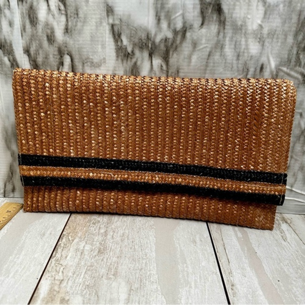 Natural Rafia Envelope Clutch Navy Stripe Vintage 60s 70s Disco Nautical Classic
